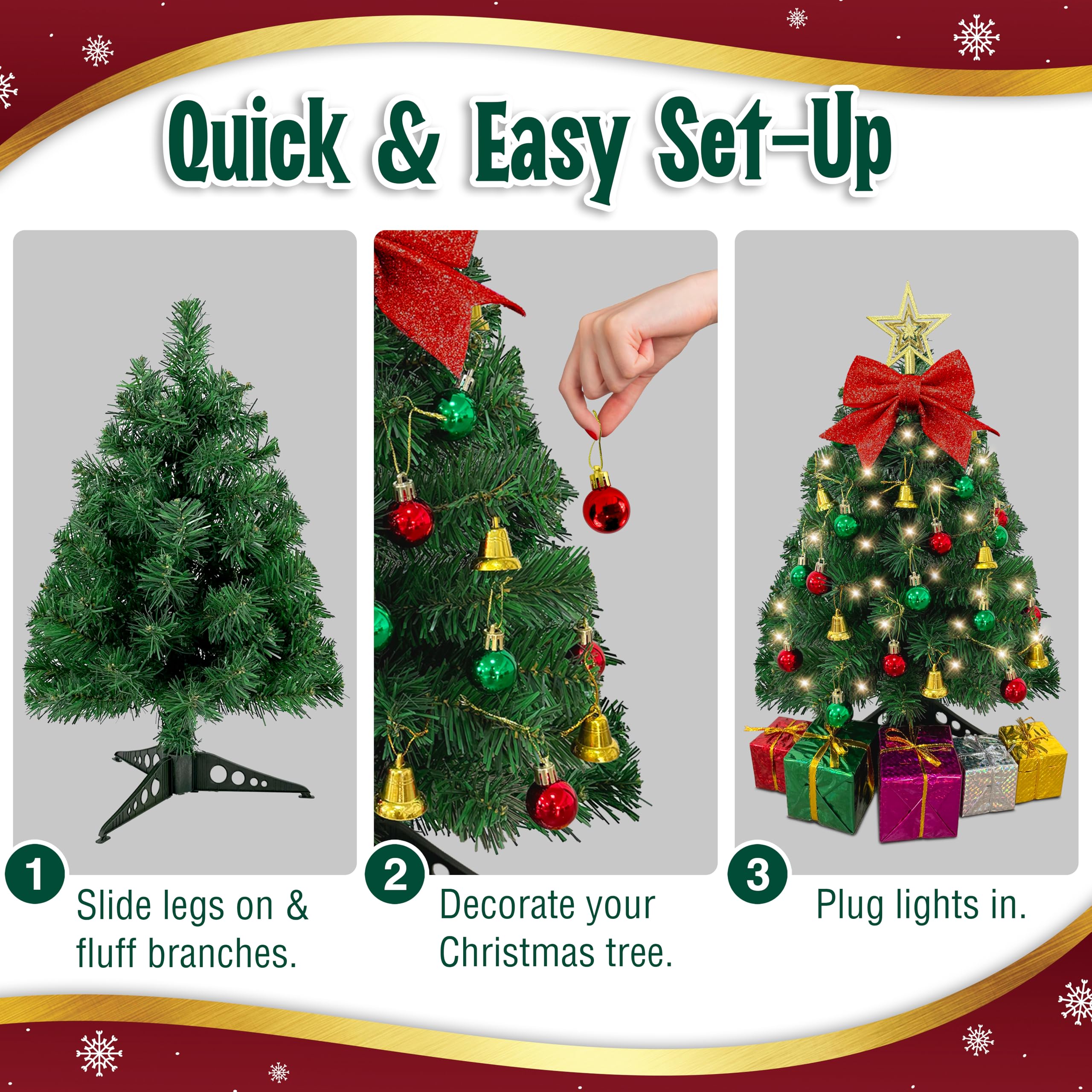 Small Christmas Tree with Lights - 23 Inch Mini Tabletop Christmas Tree with Warm-White LED Lights, Hanging Ornaments, Decorativ